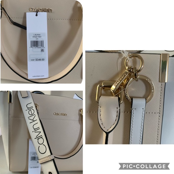 NWT CALVIN KLEIN Leather Bag Raelynn Beige Satchel - Picture 4 of 7